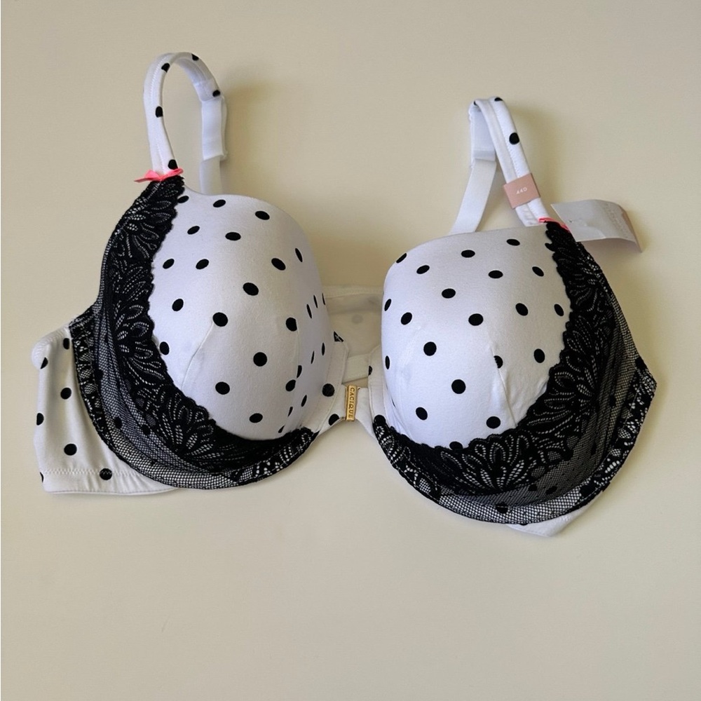 CACIQUE Lightly Lined T-Shirt Polka Dot & Lace  Bra |White Black NWT~ 44D